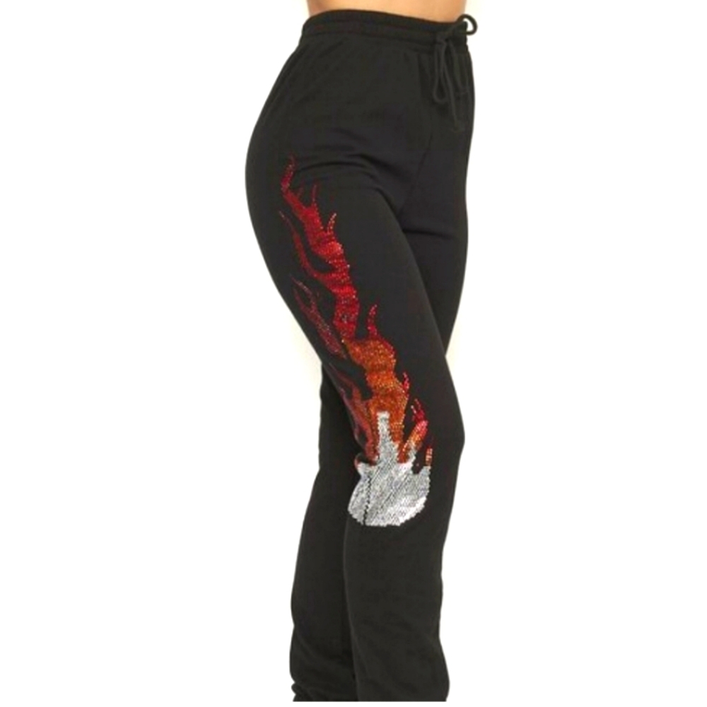 NWT Fashion Nova Rhinestones Flame Joggers Small & No Name Black Small Sport Bra